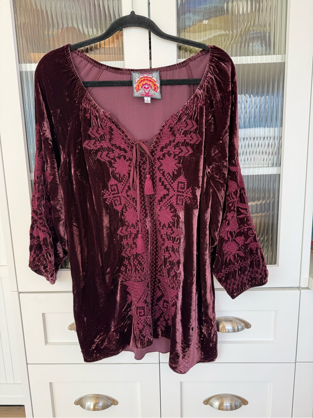 Johnny Was purple crush Embellished silk velvet 3/4 Sleeve tunic